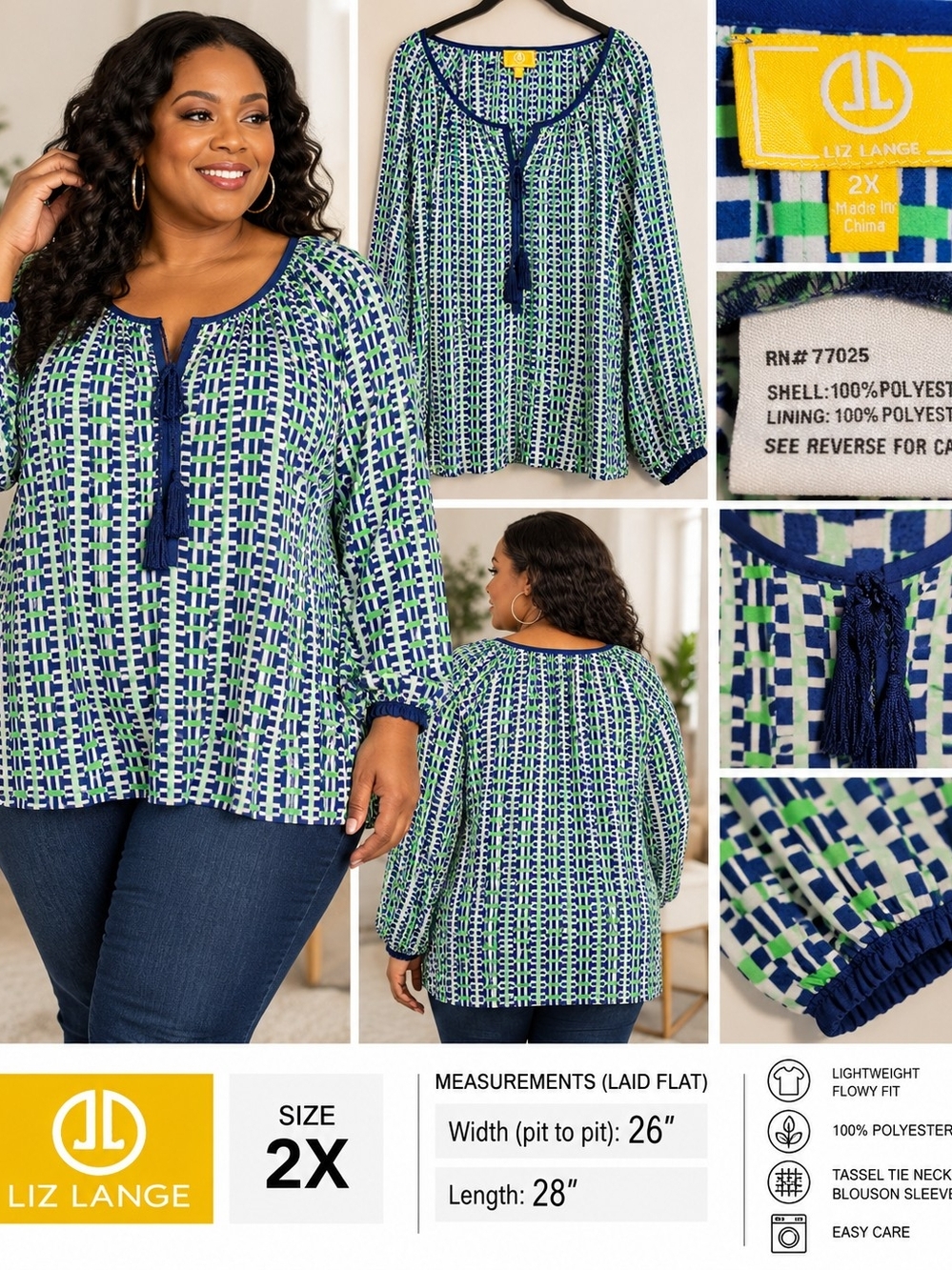 Liz Lange 2X Navy Green Geometric Tassel Tie Peasant Blouse Plus Size